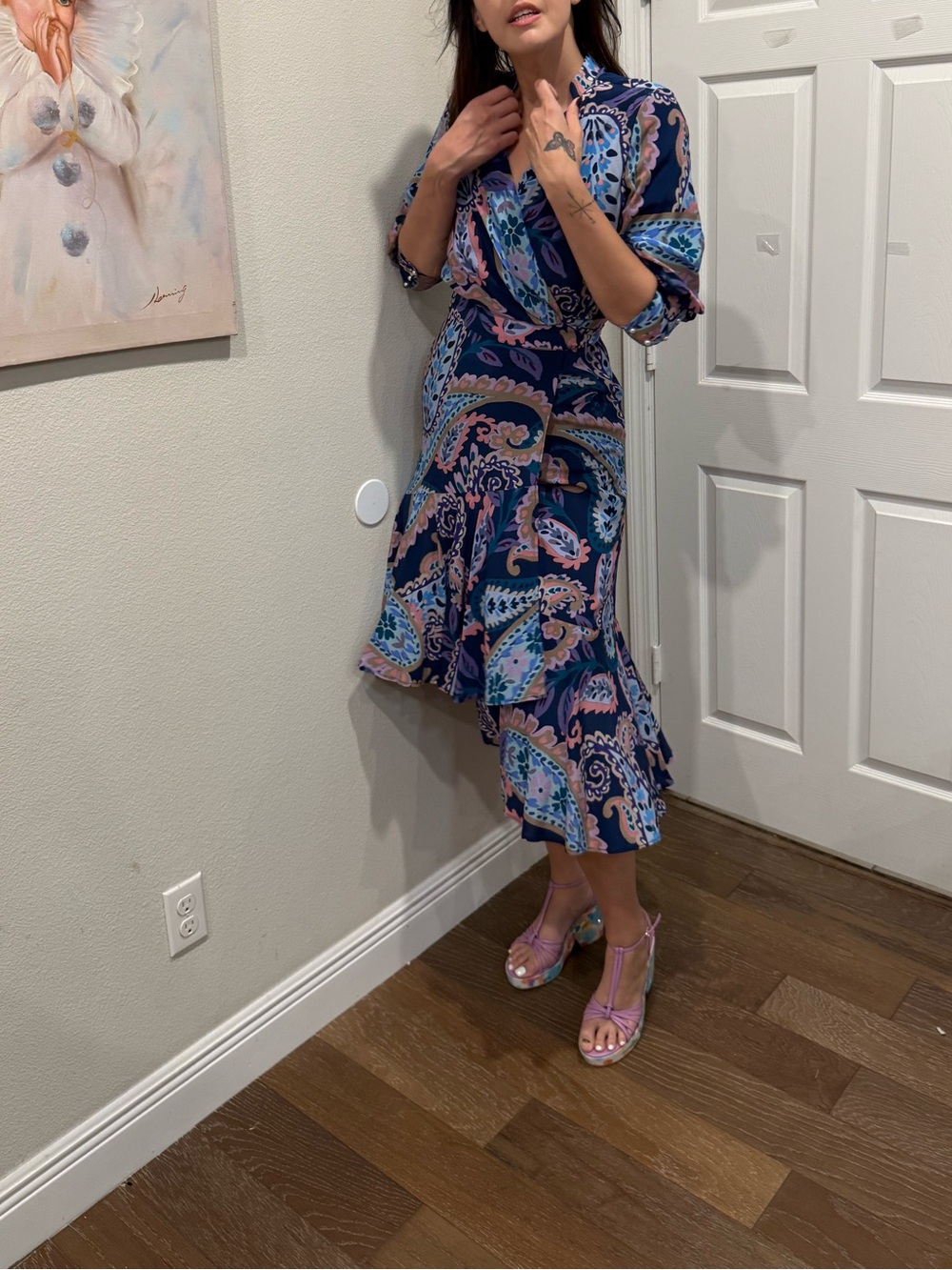 Tyler Boe Navy, Blue & Pink Paisley Wrap Midi Dress